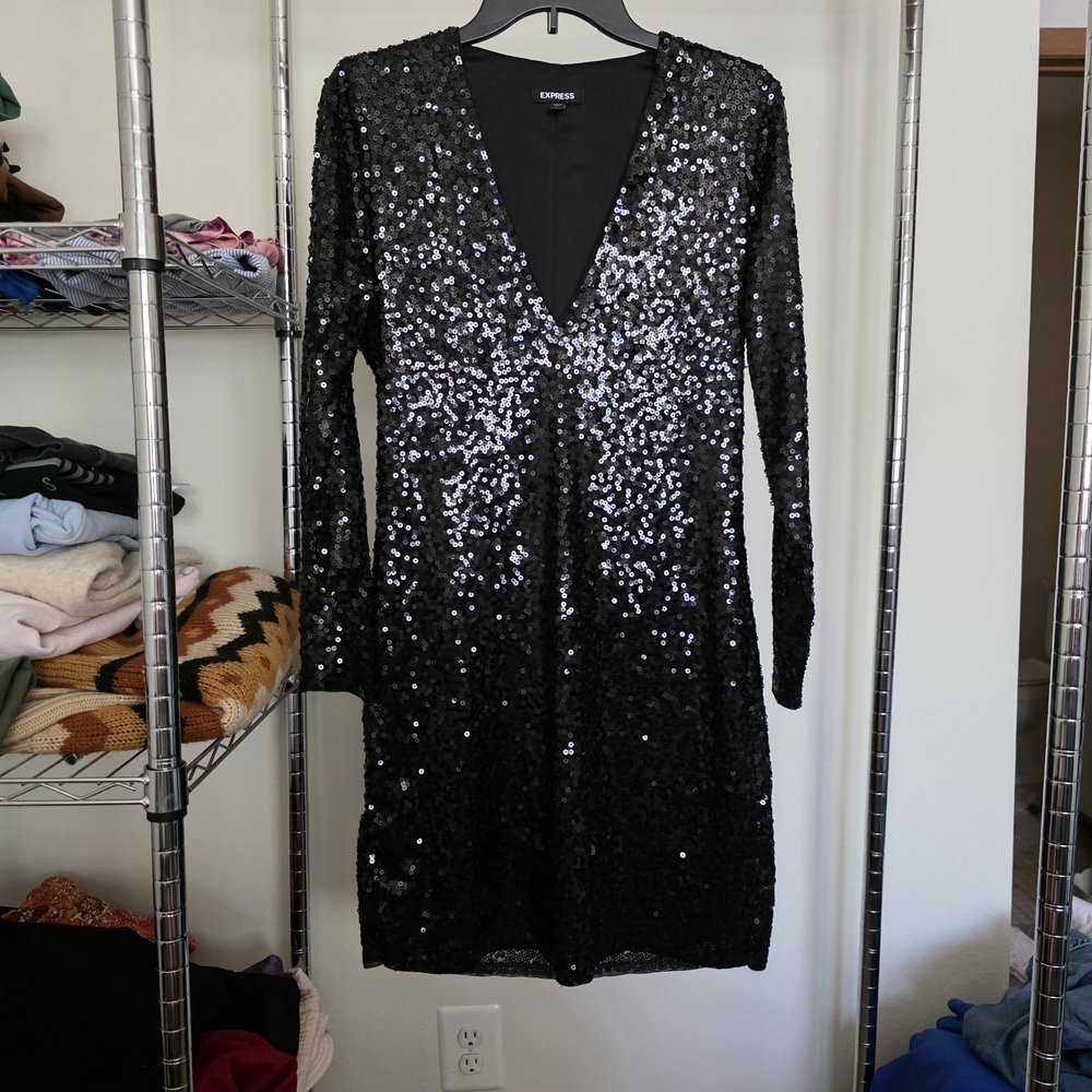 Express Black Sequin Long Sleeve Sheath Dress